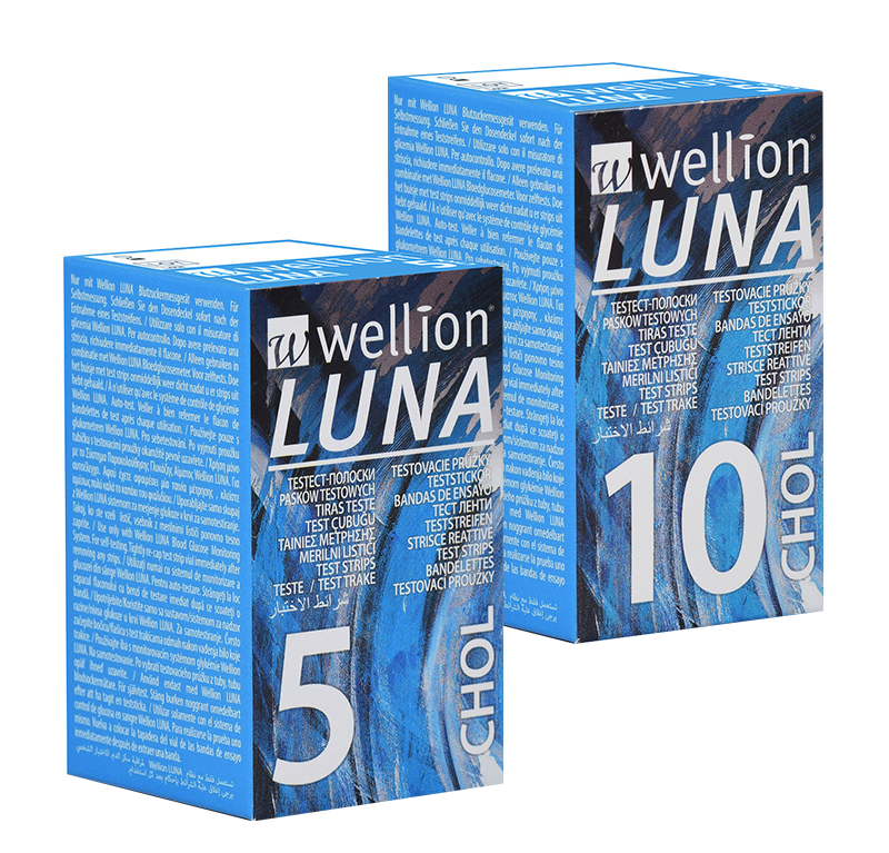 Wellion LUNA cholesterol test strips. High-tech product. Consists of different layers. AUTO CODING technology. Handy size. The sip-in technology prevents contamination with blood. For the Wellion LUNA blood glucose meter. 5 pieces and 10 pieces. Picture