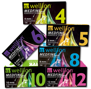 The extra fine-grained Wellion MEDFINE Plus pens with facet cut and thin silicone coating for effortless gliding provide maximum comfort. The extended inside diameter allows for optimal insulin flow. Different sizes. 4mm, 5mm, 6mm, 8mm, 10mm and 12mm. Picture